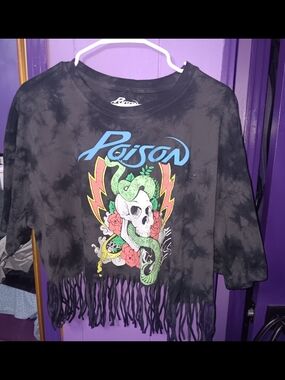 Poison Graphic Tie-Dye Fringe Crop Top in Black